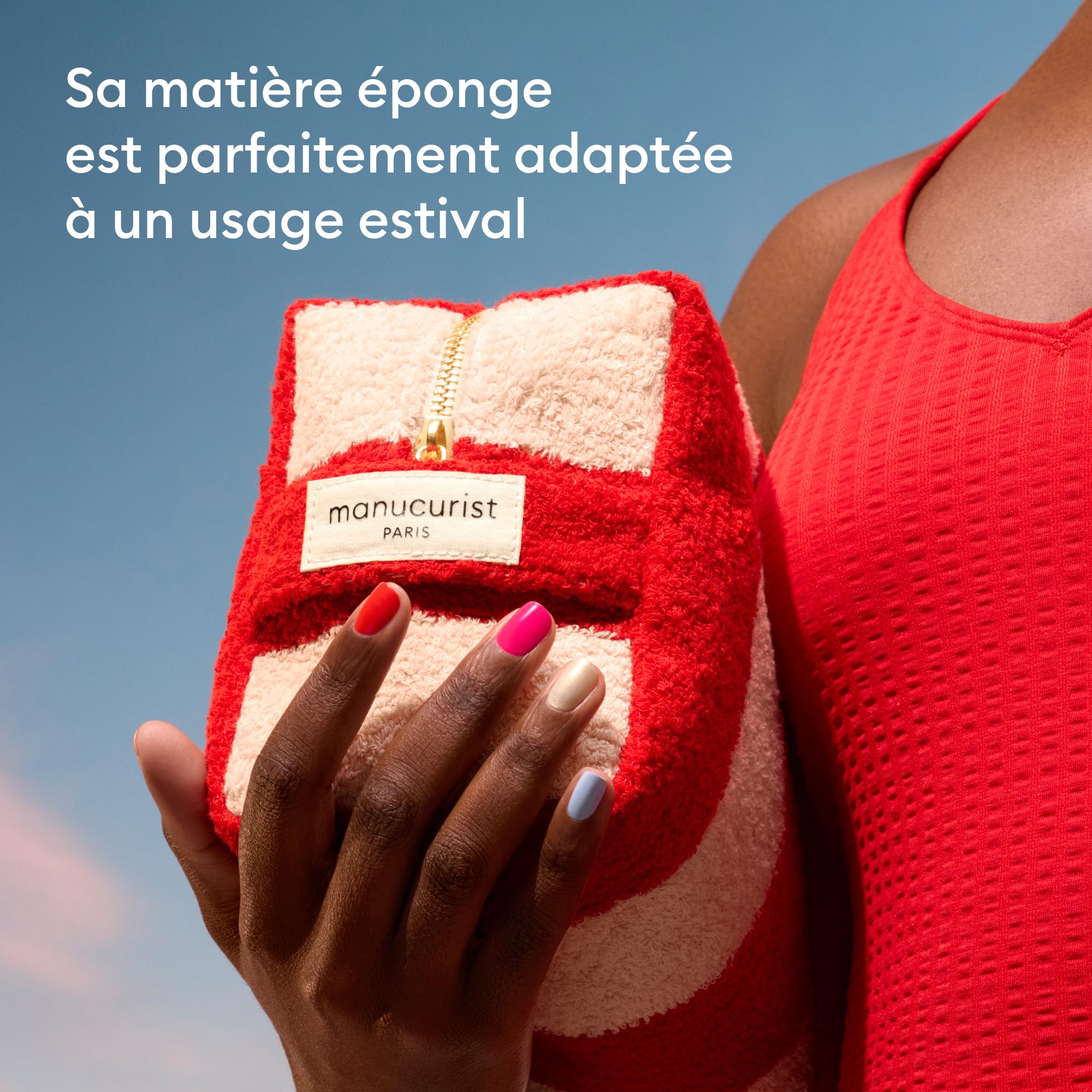 Manucurist trousse éponge rayée rose rouge coton