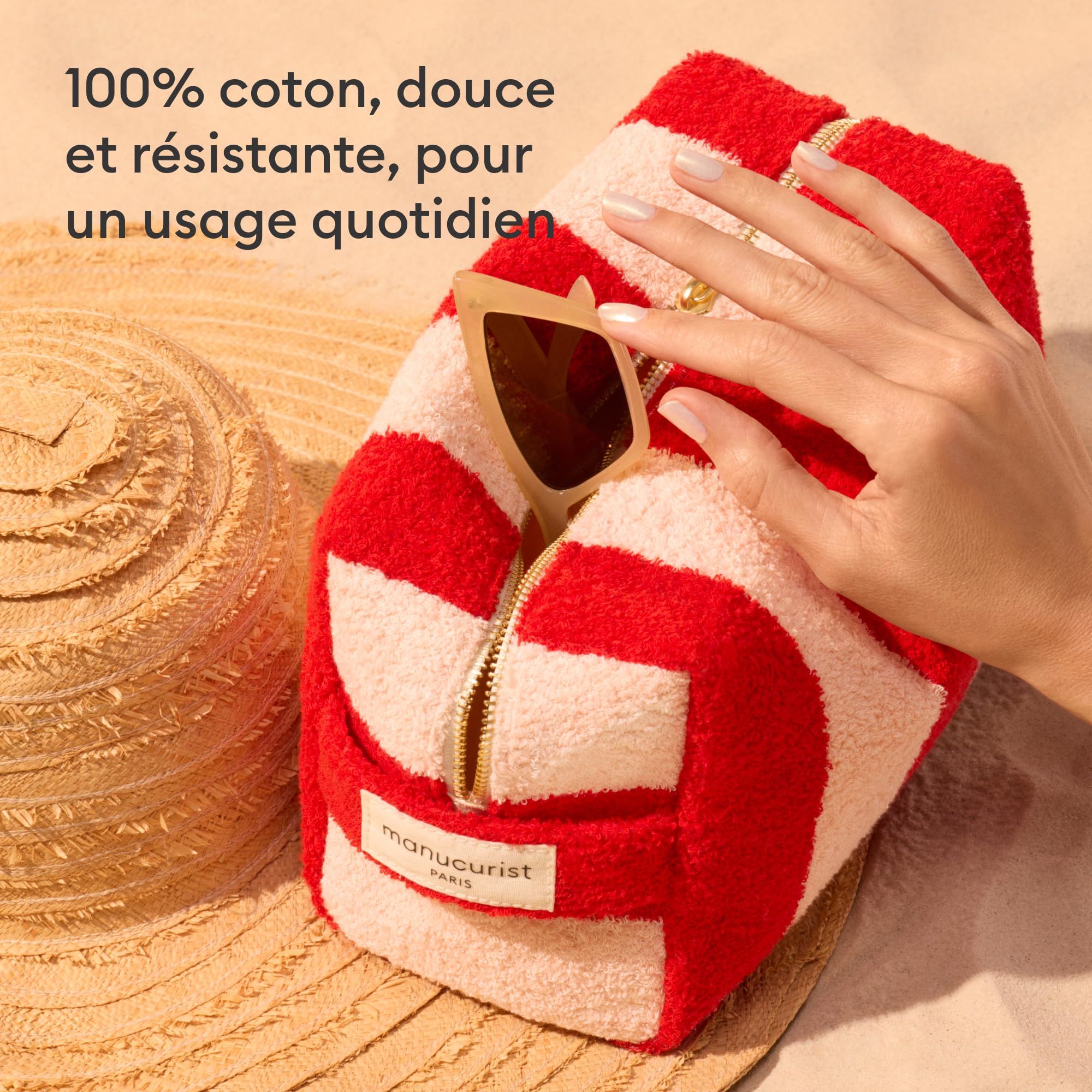 Manucurist trousse éponge rayée rose rouge coton