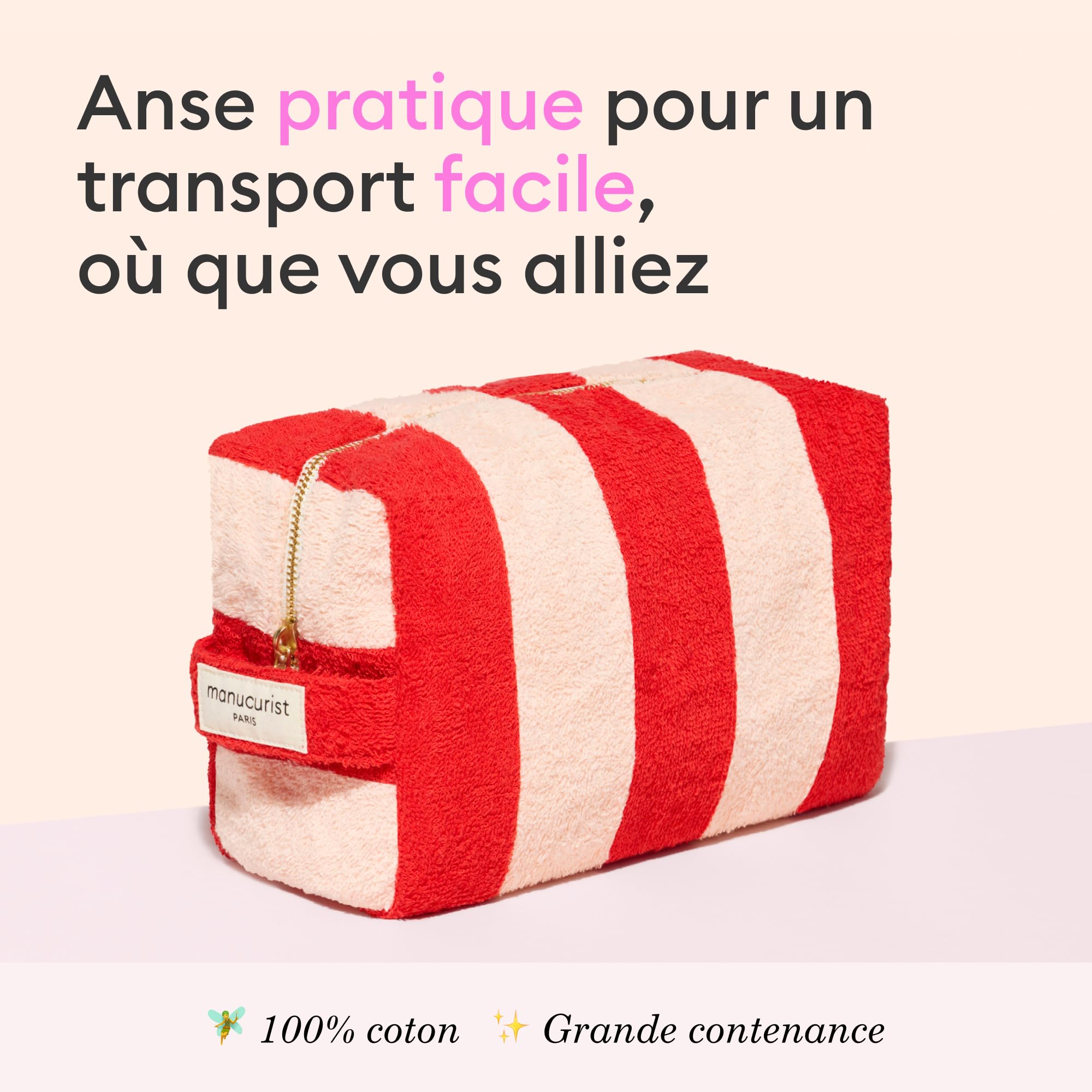 Manucurist trousse éponge rayée rose rouge coton